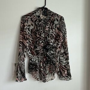 Y2K Sheer Animal Print Blouse Vintage Mob Wife Frilly Ruffles Medium Button Up